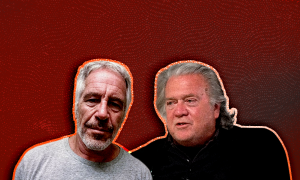 Jeffrey Epstein and Steve Bannon with a dark red background