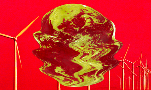 melting earth image on red background with wind turbines 