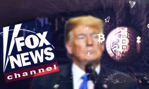 Graphic shows a blurry photo of Donald Trump, the Fox News logo, and Bitcoin