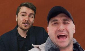 Images of Nick Fuentes and Jake Lang in front of a maroon-ish background