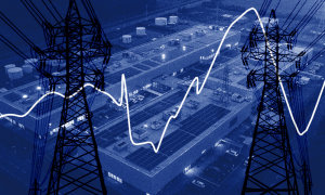 faded blue image of a data center, with powerlines and interupted line graph overlay