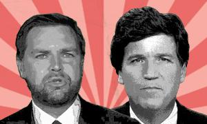 headshots of JD Vance / Tucker Carlson against a radiant background