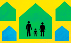 stick figures of two parents and a child in the center of a green, house-shaped background surrounded by other house shapes