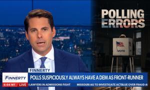Newsmax host Rob Finnerty in front of a graphic that says Polling Errors. the lower third says "polls suspiciously always have a Dem as a front-runner