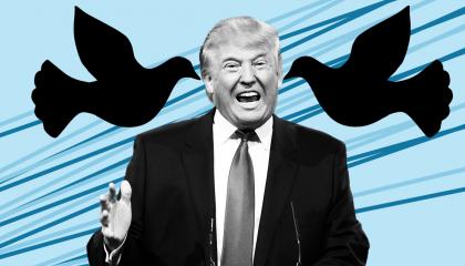 Donald Trump on a blue background with illustrations of doves surrounding him