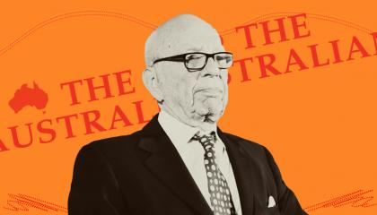 Rupert Murdoch on an orange background with The Australian masthead