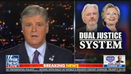 Sean Hannity hosts his show with graphic of Julian Assange and Hillary Clinton saying "Dual justice system" 