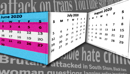A summer calendar with the trans pride flag transposed over June