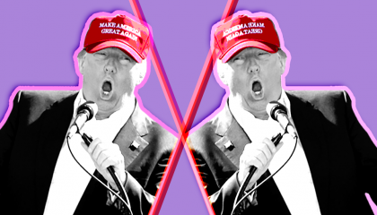 Two photos of Donald Trump on a lavender background