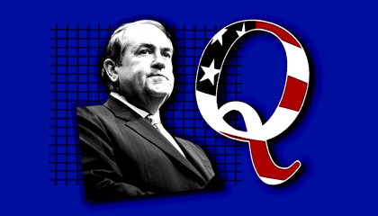 An image of Mike Huckabee and a QAnon logo
