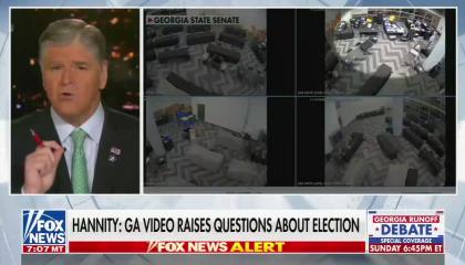 Screenshot of a clip of Fox News' "Hannity," as aired on Fox News' "America's Newsroom," showing CCTV footage of a polling site. Chyron reads "Hannity: GA video raises questions about election"