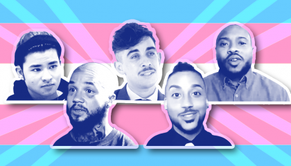 Five transmasculine people in front of a trans pride flag