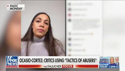 A Fox News screenshot from the show "The Faulkner Focus" showing NY Rep. Alexandria Ocasio-Cortez (D) speaking on Instagram Live. The comments section to the right is blurred. Chyron reads "Ocasio-Cortez: Critics Using 'Tactics Of Abusers'"