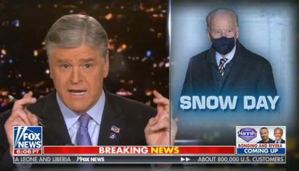 Fox host Sean Hannity doing air quotes next to a "Hannity" photoshop of President Joe Biden in a black mask, against an icy background with the term "SNOW DAY" in blue-white letters.