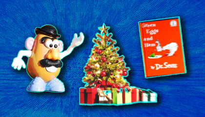 Mr. Potato Head, a Christmas tree, and Dr. Seuss