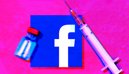 Facebook logo next to a syringe and vial of vaccine