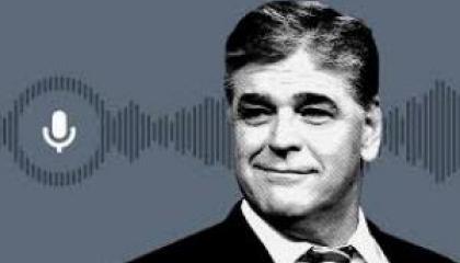 black and white image of Sean Hannity; clip art microphone; image of audio waves
