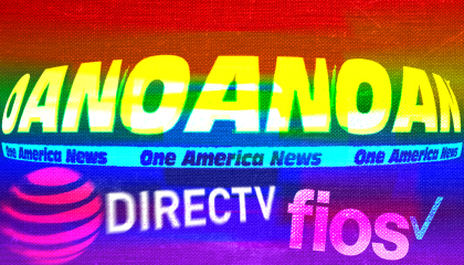 OAN's logo on rainbow background