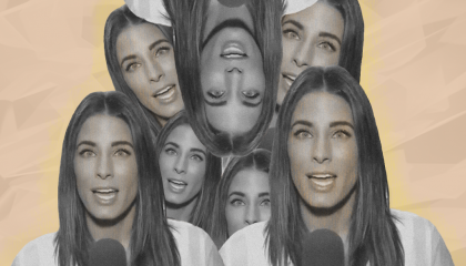 A color-muted collage of OAN host and election "audit" correspondent Christina Bobb, against a beige background.