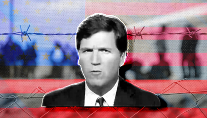Tucker Carlson in front of a barbed wire fence and the American flag