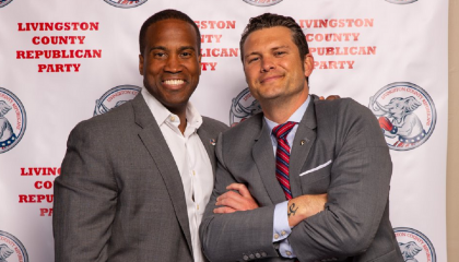 An image of John James and Pete Hegseth at a GOP fundraiser