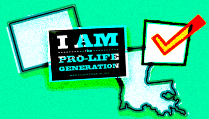 A picture of Colorado and Louisiana with voting check box and an anti-abortion sign