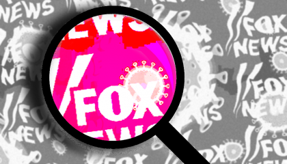 A collage of black-and-white Fox News logos and coronavirus particles, with one portion lit pink under a magnifying glass