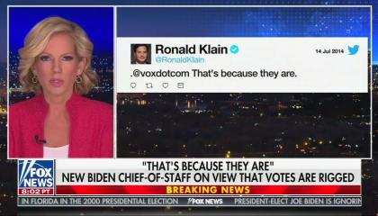 Fox anchor Shannon Bream with a 2014 tweet about gerrymandering from Ron Klain, and the chyron reading "'That's because they are' New Biden chief of staff on view that votes are rigged"
