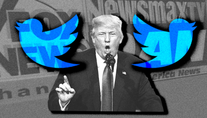 Trump with the logos for Twitter, Fox, OAN, and Newsmax