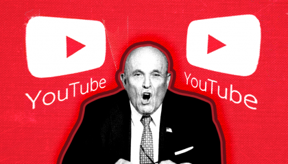 Rudy Giuliani sits between two YouTube Logos