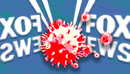 Fox News logo mirrored around a coronavirus molecule 