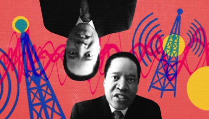Images of Larry Elder next to radio towers emitting a signal