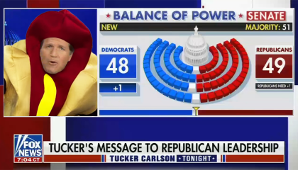 Tucker Carlson in the hot dog meme costume