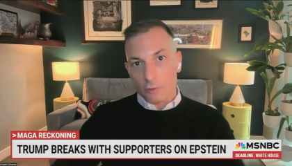 Angelo Carusone on MSNBC on 7/16/25, chyron: "Trump breaks with supporters on Epstein"
