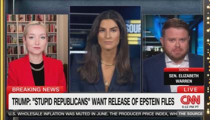 CNN's Donie Sullivan discussing Trump's promotion of QAnon; Dasha Burns and Kaitlan Collins are also on screen