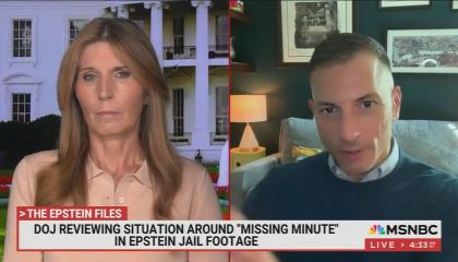 still of Wallace, Carusone; chyron: DOJ reviewing situation around "missing minute" in Epstein jail footage