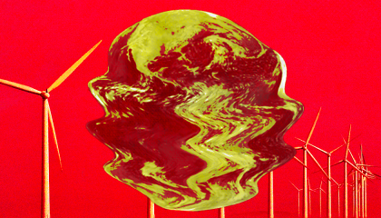 melting earth image on red background with wind turbines 