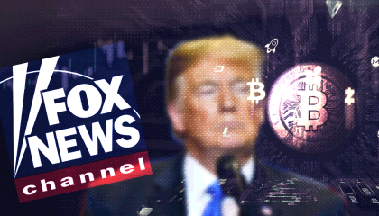 Graphic shows a blurry photo of Donald Trump, the Fox News logo, and Bitcoin