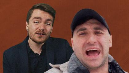 Images of Nick Fuentes and Jake Lang in front of a maroon-ish background