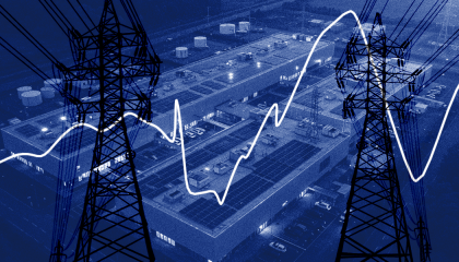 faded blue image of a data center, with powerlines and interupted line graph overlay