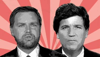 headshots of JD Vance / Tucker Carlson against a radiant background