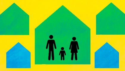 stick figures of two parents and a child in the center of a green, house-shaped background surrounded by other house shapes