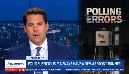 Newsmax host Rob Finnerty in front of a graphic that says Polling Errors. the lower third says "polls suspiciously always have a Dem as a front-runner