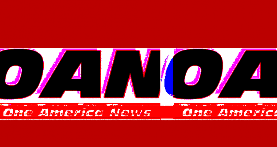 A stylized version of the One America News logo, repeating as if in a digital display glitch, against a red background.