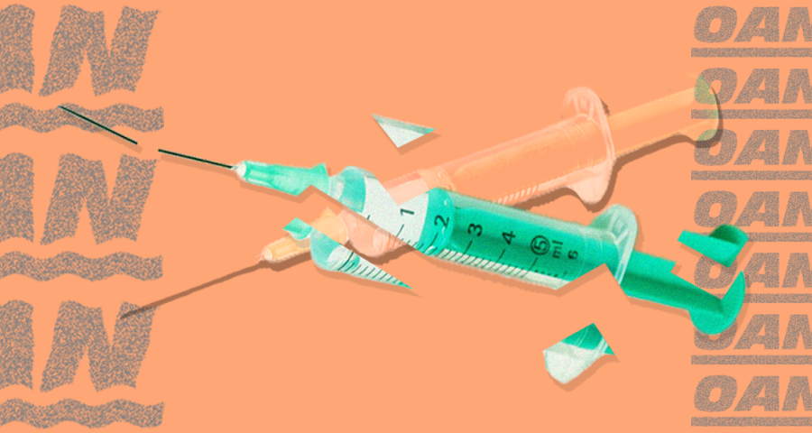 A stylized graphic of two hypodermic needles breaking apart, flanked by partially translucent OAN logos on either side, all against an orange background.  