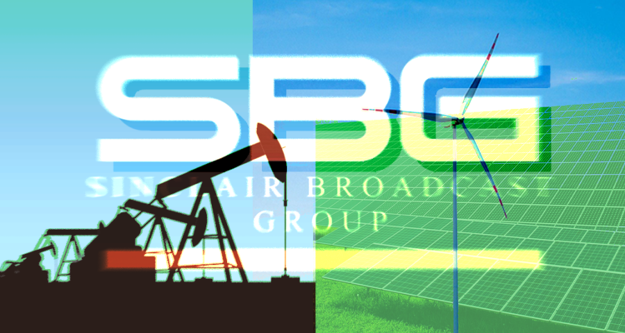 Sinclair Broadcast Group's logo with a background of an oil pump on the left, and a wind turbine with solar panels on the right