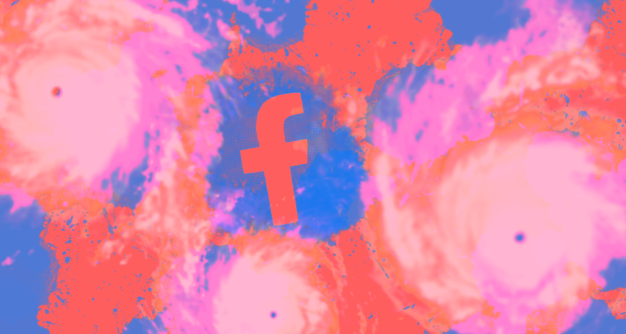 Facebook logo and swirling hurricanes