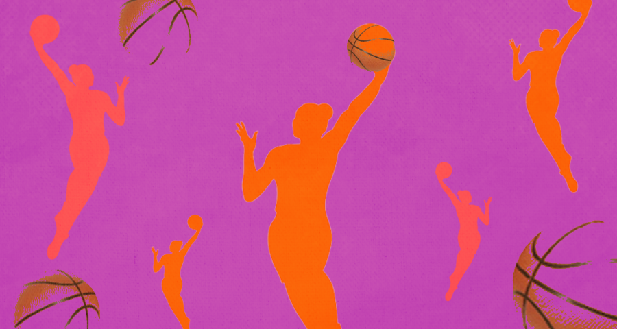 Basketball players on a purple background