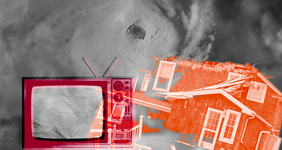 images of tv and house over hurricane background 