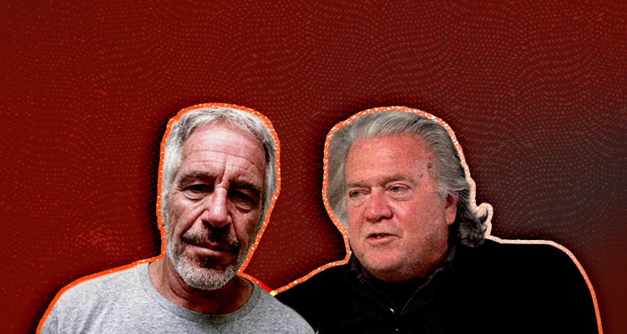 Jeffrey Epstein and Steve Bannon with a dark red background